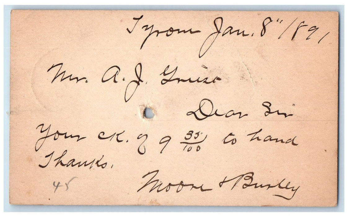 1891 AJ Griest Candy Maker Tyrone Pennsylvania PA Fleming PA Postal Card