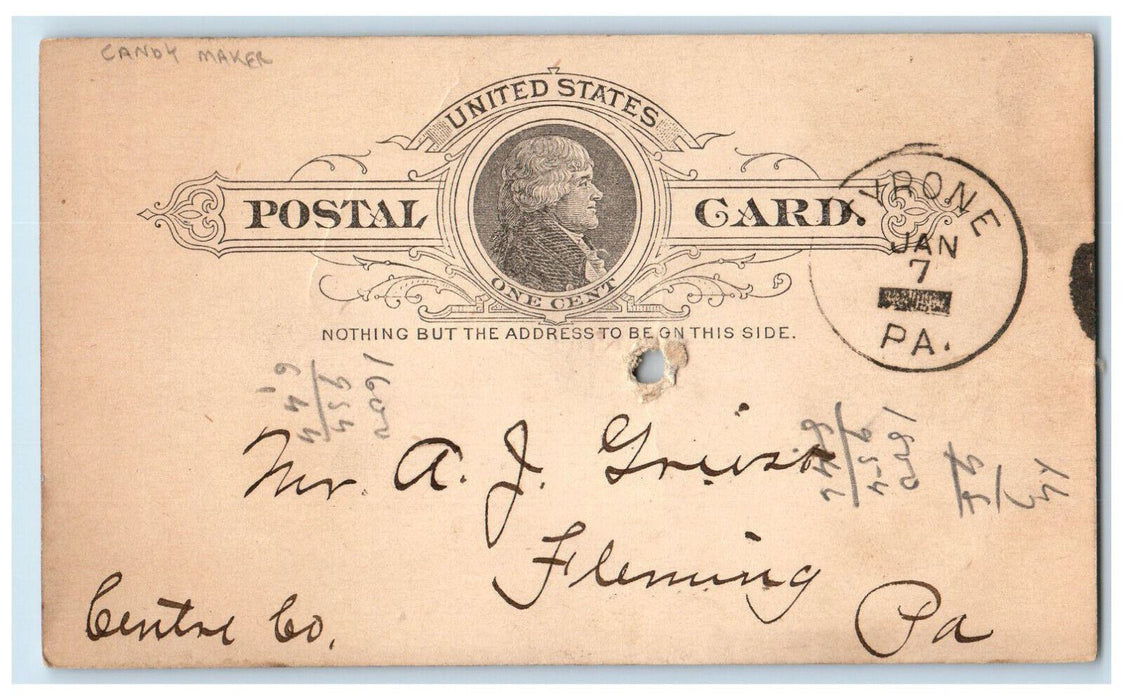 1891 AJ Griest Candy Maker Tyrone Pennsylvania PA Fleming PA Postal Card