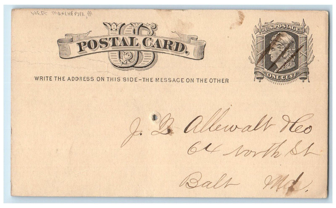 1880 West Manchester PA J Allewalt & Co. Baltimore Maryland MD Postal Card