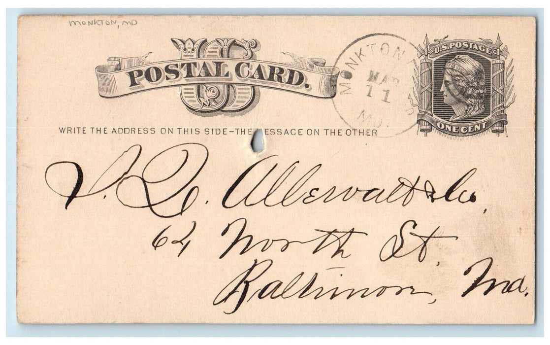 1880 J Allewalt & Co. J Shepperd Monkton MD Baltimore Maryland MD Postal Card