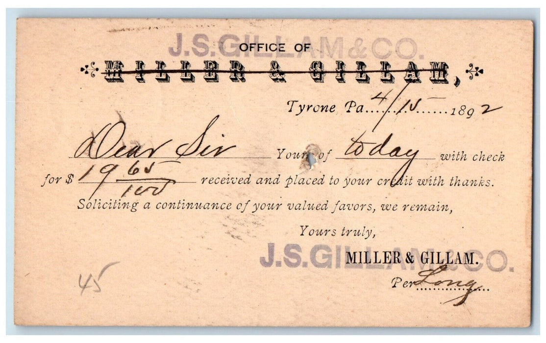 1892 J.S. Gillam & Co. Miller & Gillam Candy Maker Tyrone Fleming PA Postal Card
