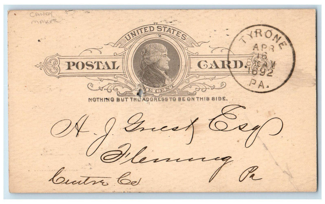 1892 J.S. Gillam & Co. Miller & Gillam Candy Maker Tyrone Fleming PA Postal Card