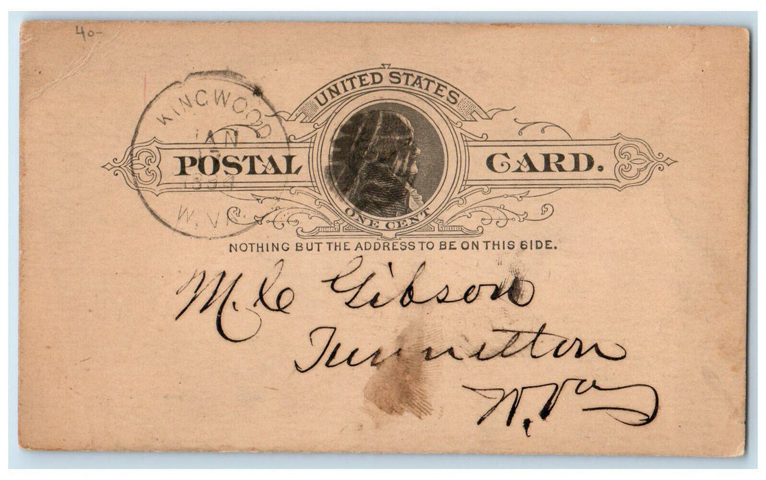 1894 The Bank of Kingwood Kingwood Tunnelton West Virginia WV Postal Card