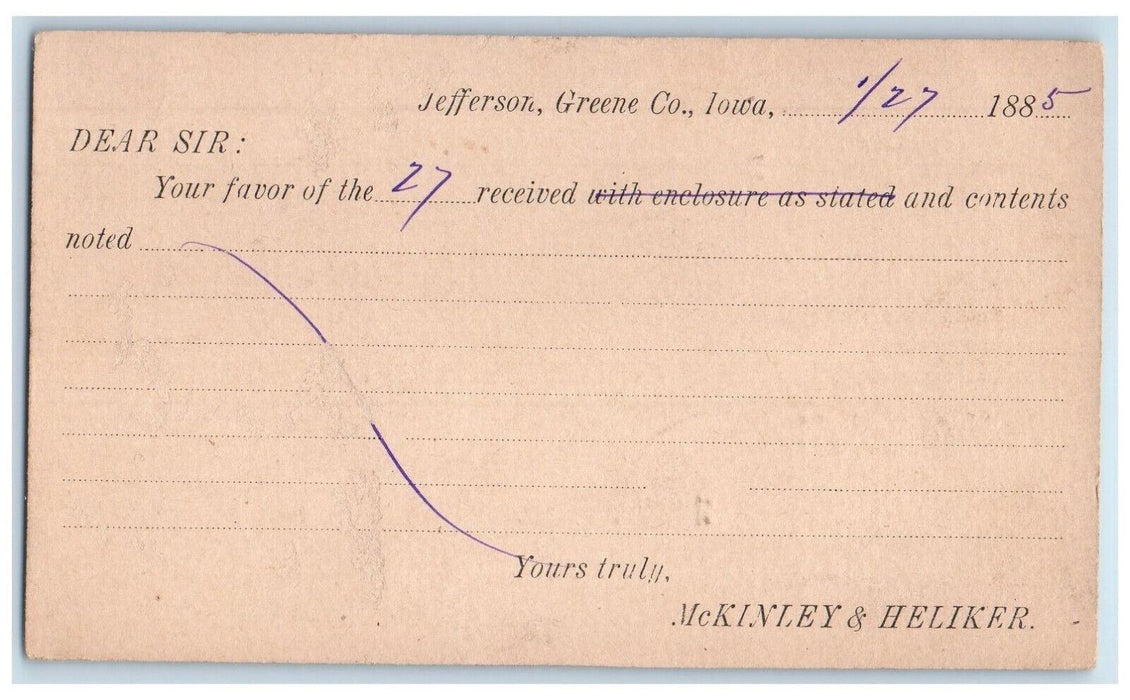 1885 McKinley & Heliker Jefferson Greene Co. Harrison Co. Iowa IA Postal Card