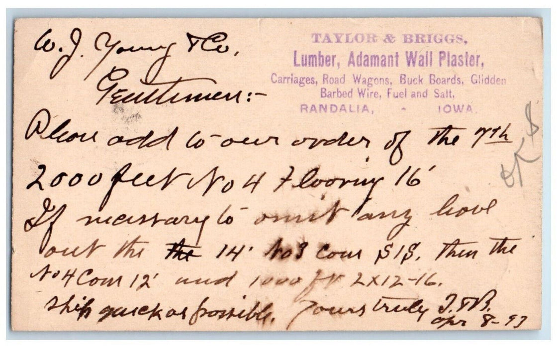 1893 Taylor & Briggs Lumber Adamant Wall Plaster Randalia Iowa IA Postal Card