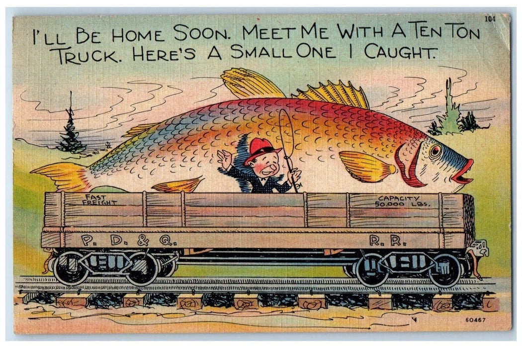 1946 Fisherman Caught Exaggerated Fish Charlevoix Michigan MI Vintage Postcard