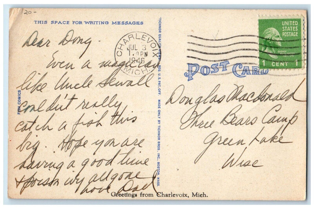 1946 Fisherman Caught Exaggerated Fish Charlevoix Michigan MI Vintage Postcard