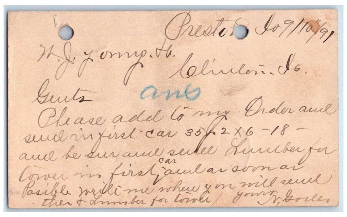1891 Lumber Order WJ Young and Co. Preston Clinton Rhodes Iowa IA Postal Card