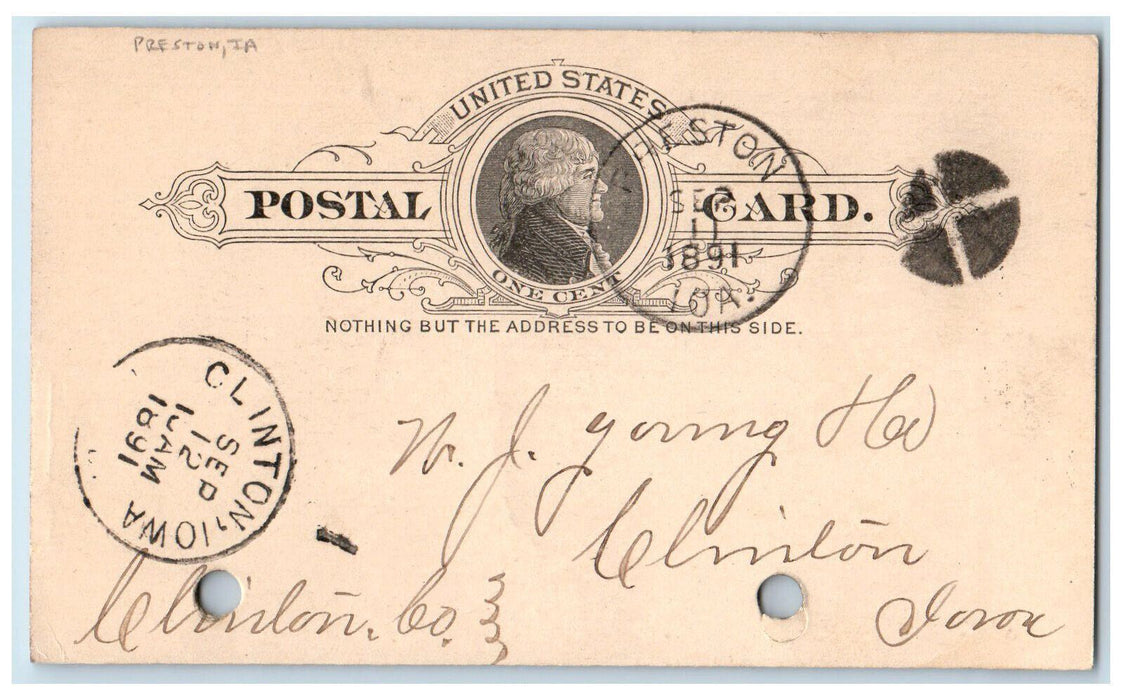 1891 Lumber Order WJ Young and Co. Preston Clinton Rhodes Iowa IA Postal Card