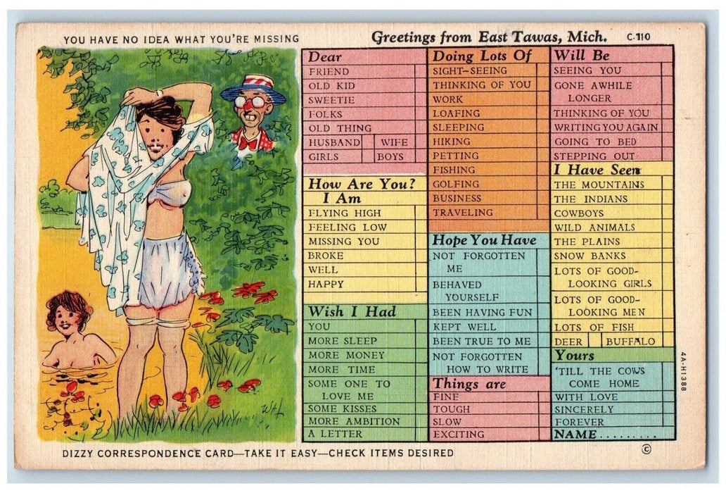 Greetings From East Tawas MI, Peeping Tom Checklist Correspondence Postcard