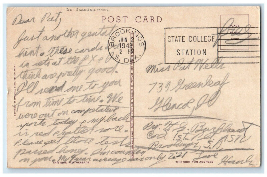 1943 Military Brookings USA South Dakota Hy Department Soldier Mail Postcard