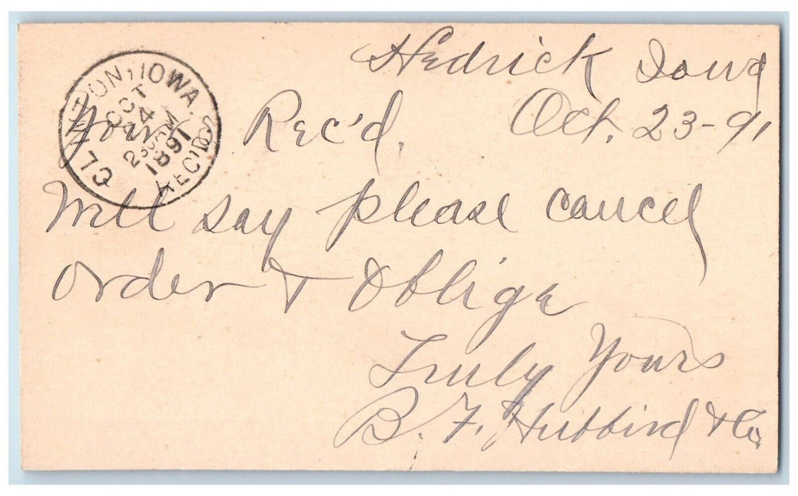1891 Please Cancel Order WJ Young & Co. Hedrick Iowa IA Antique Postal Card
