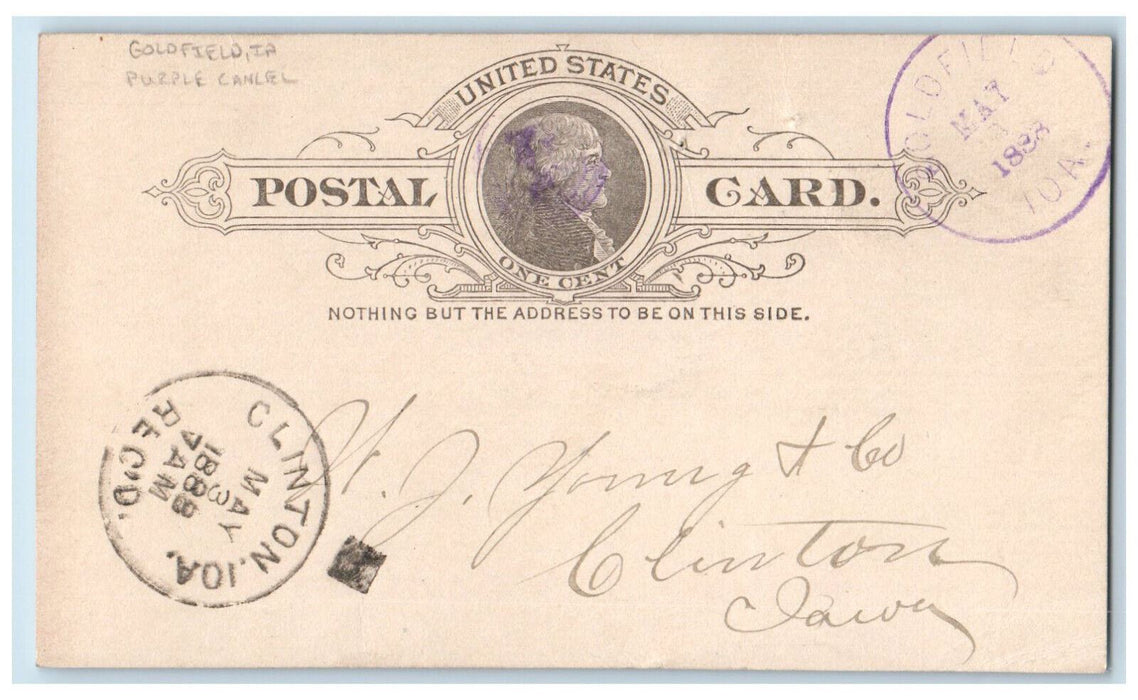1888 WJ Young & Co. Goldfield Clinton IA Antique Purple Cancel Postal Card