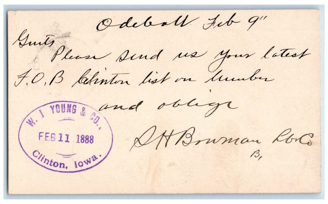 1888 Send Latest F.O.B Clinton Odebolt Iowa IA Antique Posted Postal Card