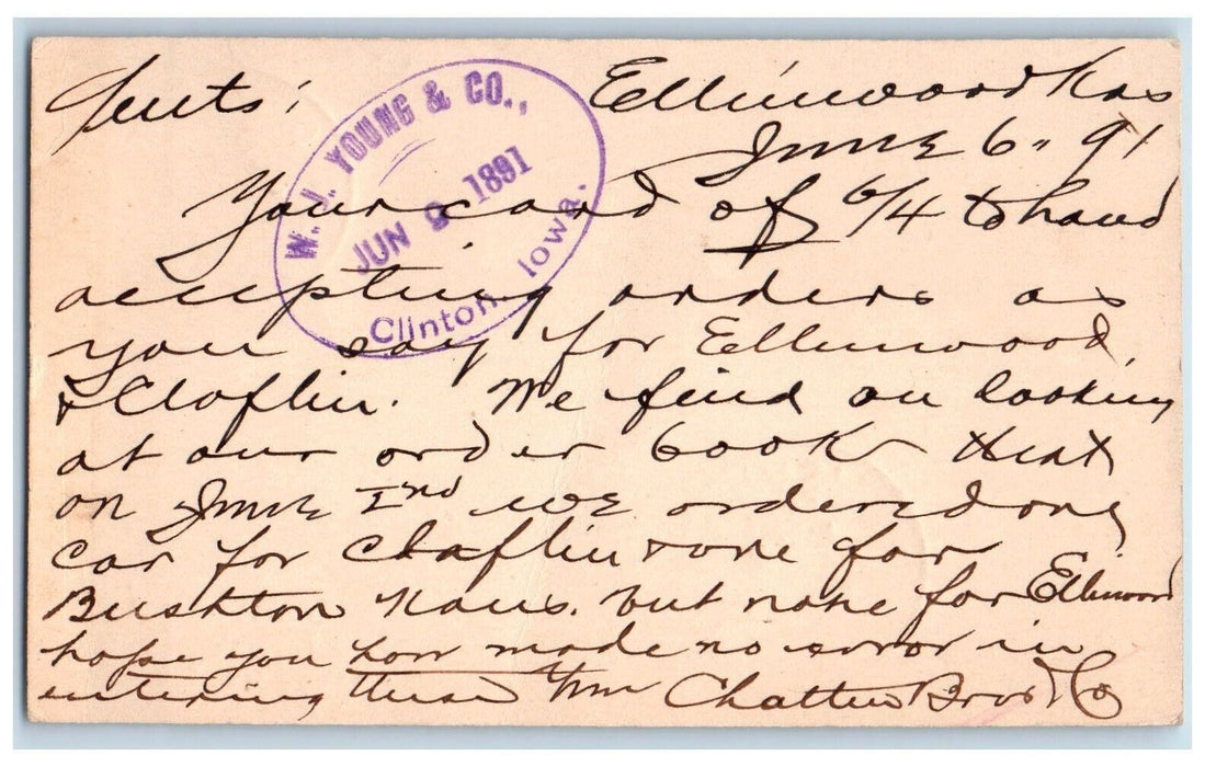 1891 Accepting Orders Ellenwood Kansas KS Lyons KS Posted Postal Card