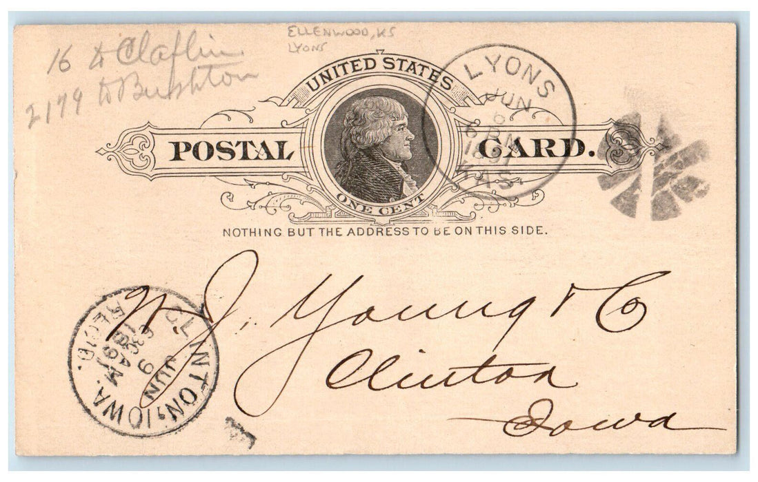 1891 Accepting Orders Ellenwood Kansas KS Lyons KS Posted Postal Card