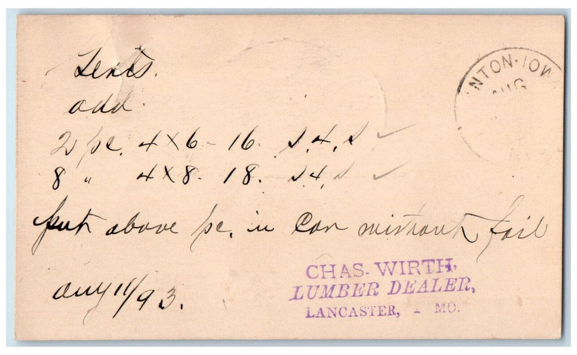 1893 Chas Wirth Lumber Dealer Lancaster Missouri MO Posted Postal Card