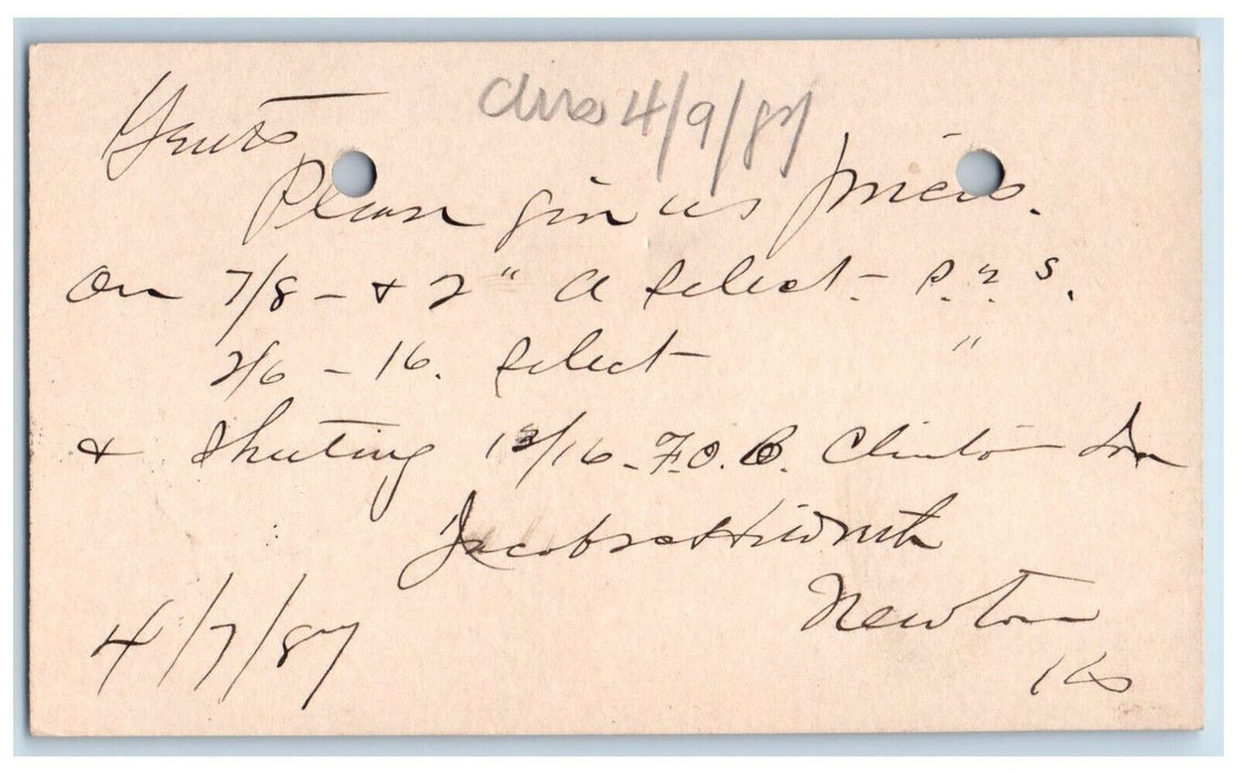 1887 Lumber Order Newton IA Clinton Iowa IA Posted Antique Postal Card