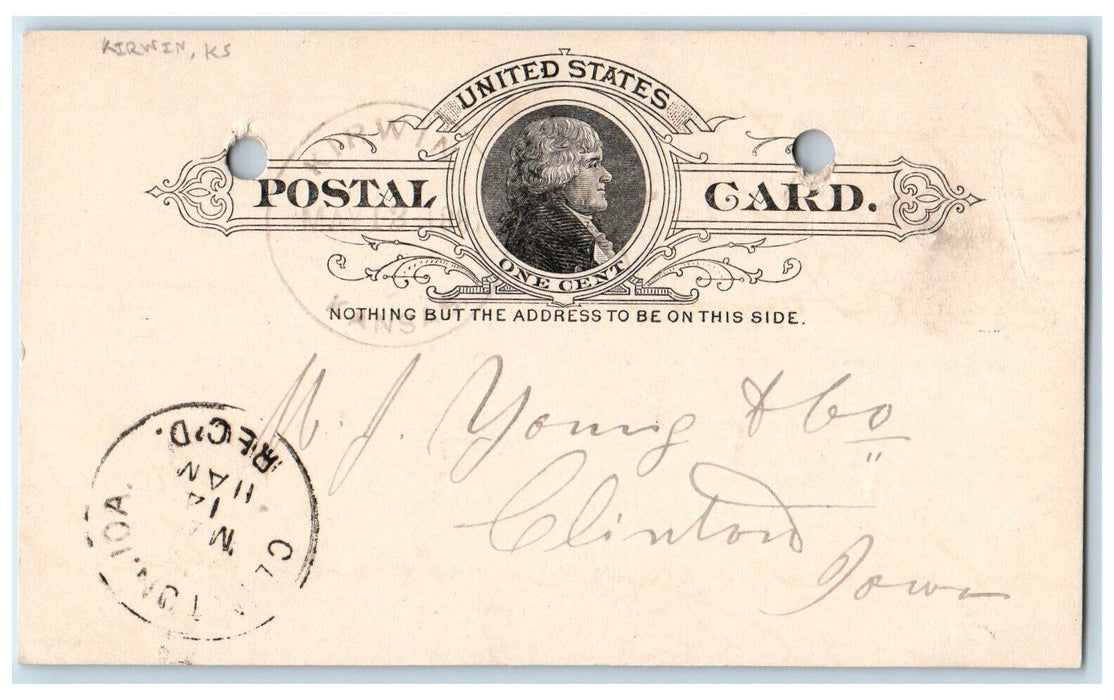 1887 WJ Young & Co. Kirwin Kansas KS Clinton Iowa IA Antique Postal Card