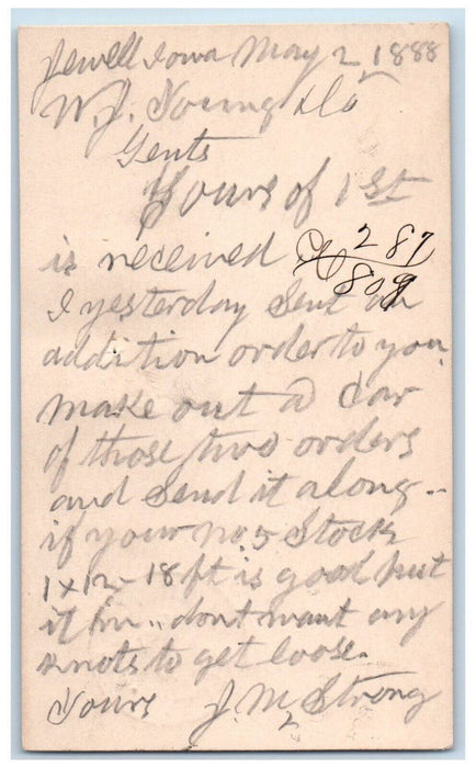 1888 Addition Order Jewell Iowa IA Clinton Iowa IA Antique Posted Postal Card