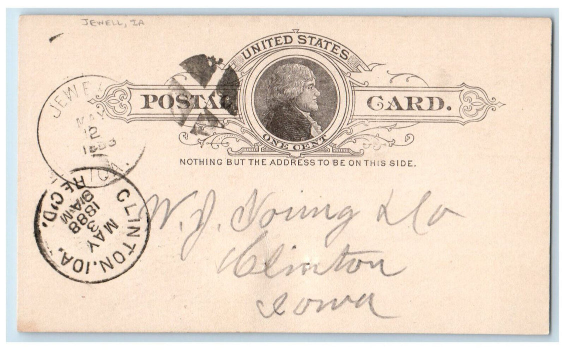 1888 Addition Order Jewell Iowa IA Clinton Iowa IA Antique Posted Postal Card