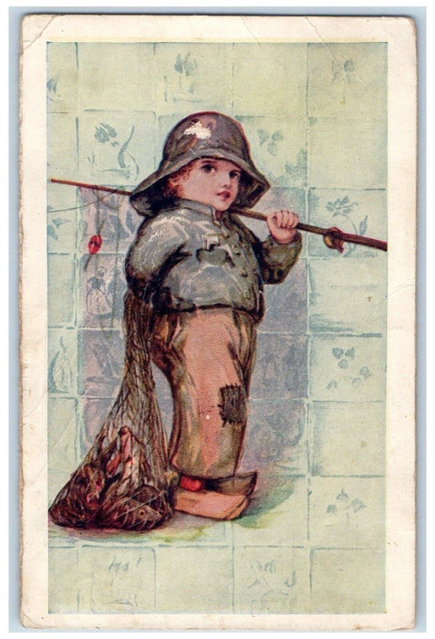 1909 Dutch Boy Fishermen Catch Fishes Fowler Indiana IN Posted Antique Postcard