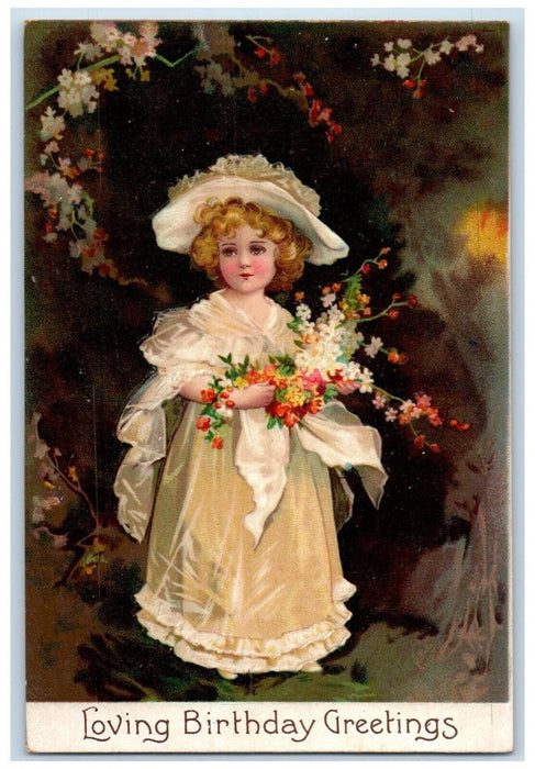 c1910's Birthday Greetings Pretty Girl Flowers Embossed Clapsaddle Postcard