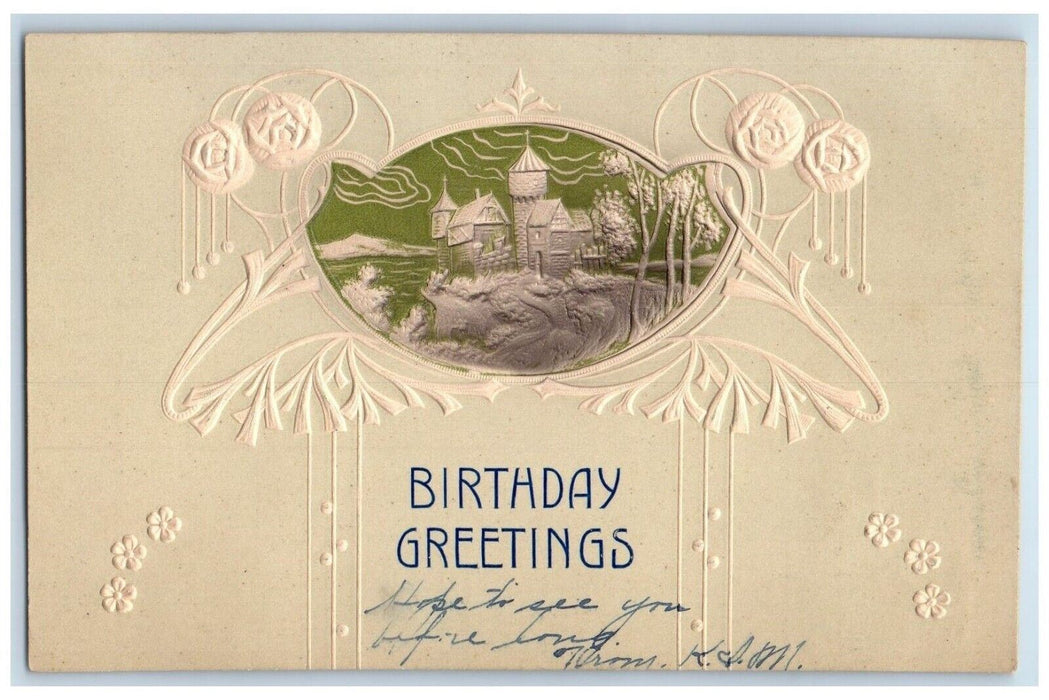 Birthday Greetings Art Nouveau Hand Cancel RFD Embossed Posted Antique Postcard