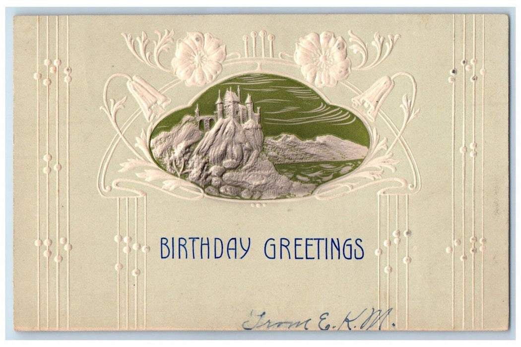 c1905 Birthday Greetings Art Nouveau Hand Cancel RFD Embossed Antique Postcard