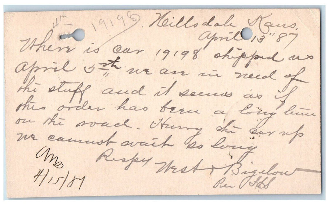 1887 In Need of Stuff Hillsdale Kansas KS Clinton Iowa IA Antique Postal Card