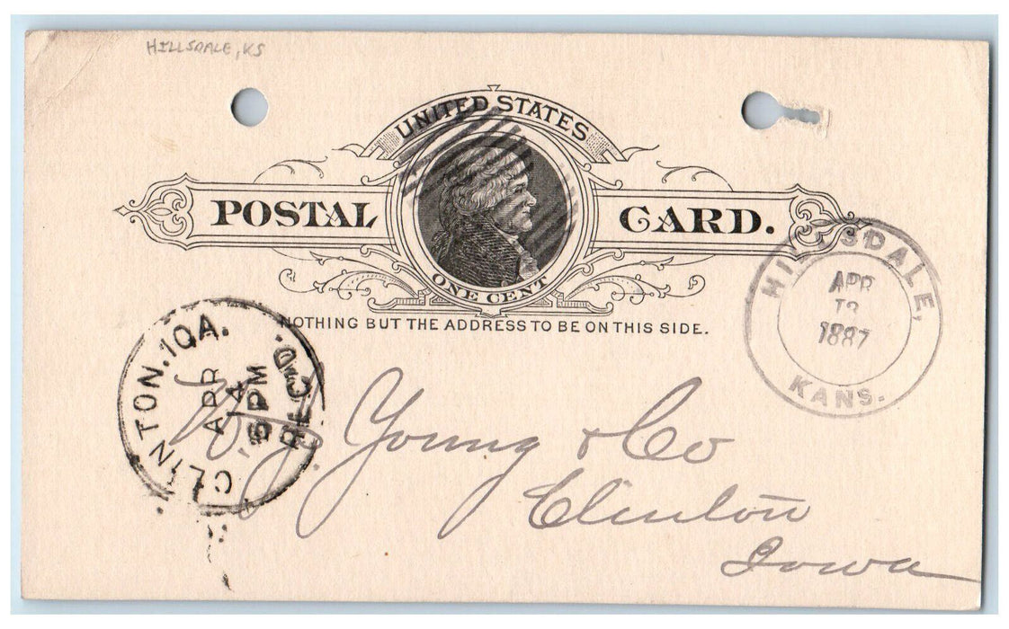 1887 In Need of Stuff Hillsdale Kansas KS Clinton Iowa IA Antique Postal Card