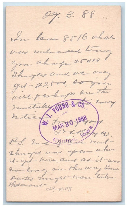 1888 WJ Young & Co Stamp Mount Vernon IA Clinton Iowa IA Antique Postal Card