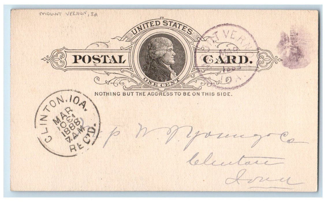 1888 WJ Young & Co Stamp Mount Vernon IA Clinton Iowa IA Antique Postal Card