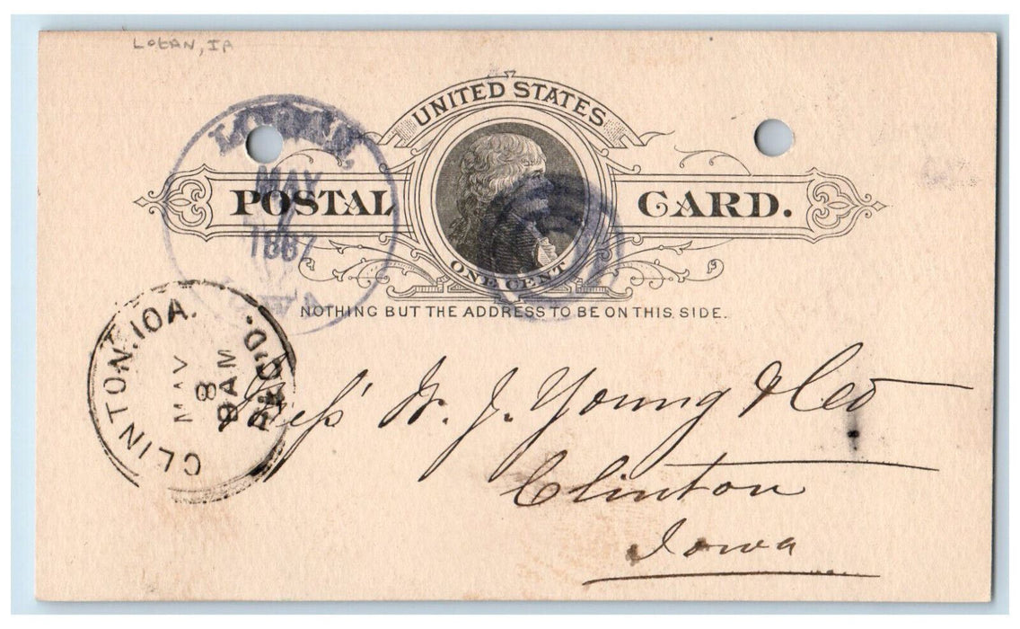 1887 Bill of Lumber Logan Iowa IA Clinton IA Blue Cancel Antique Postal Card