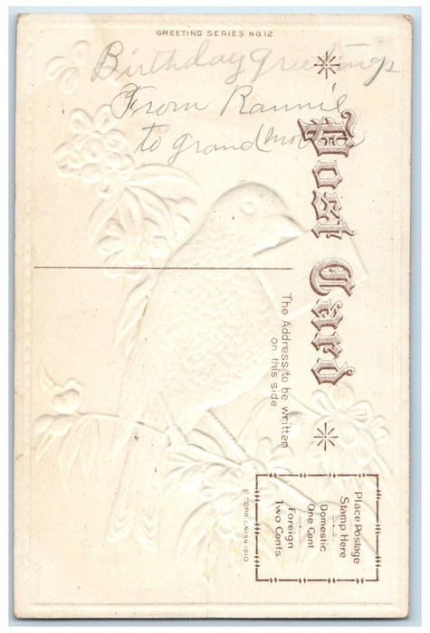 c1910's Recollections Greetings Bird Letter Flowers Nash Embossed Postcard