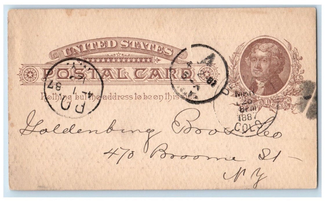 1886 Send Statemate of Account Daniels & Fisher Denver CO NY Postal Card