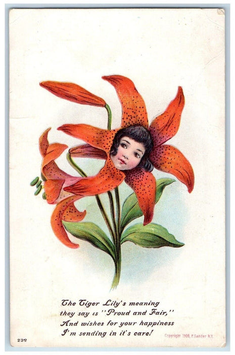 1909 Little Girl Head In Tiger Lily Flowers Embossed Woodsboro MD Postcard
