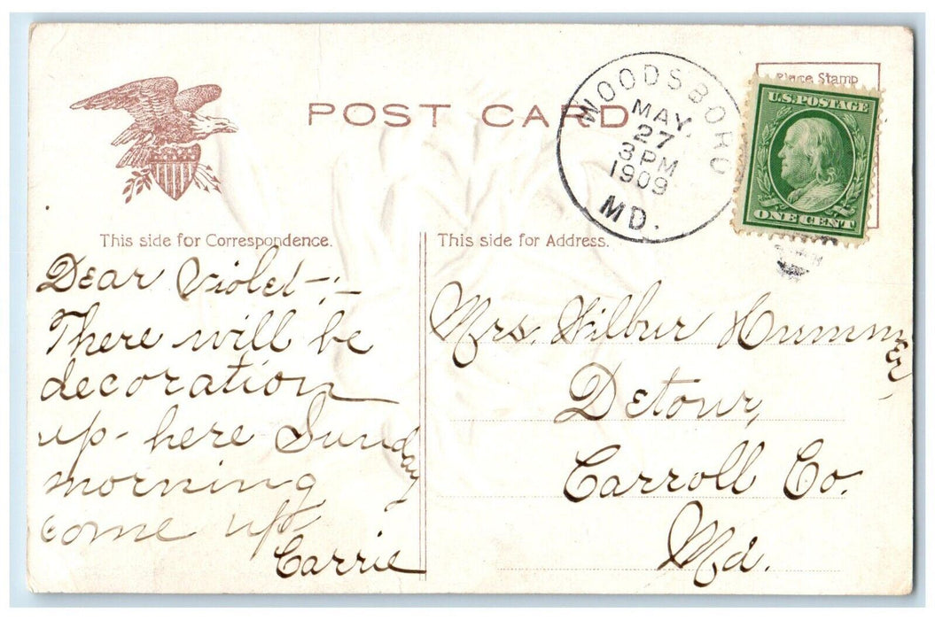 1909 Little Girl Head In Tiger Lily Flowers Embossed Woodsboro MD Postcard