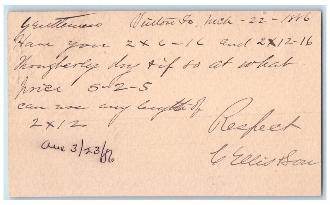 1886 What Price Ellis & Son Victor Iowa IA Clinton IA Posted Postal Card