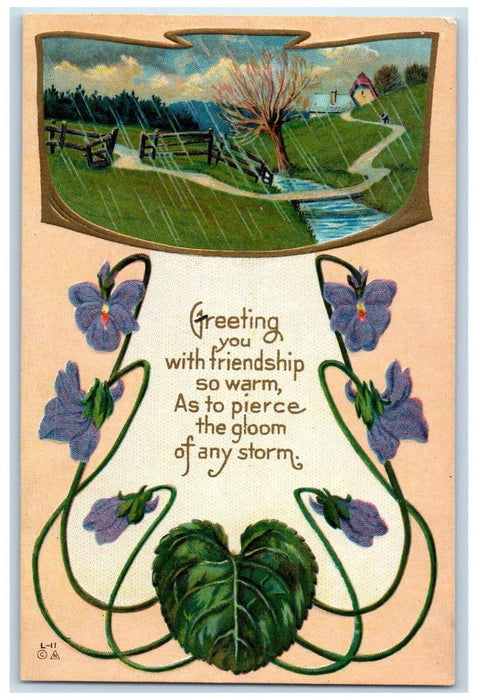 c1910's Greetings Storm Flowers Arts And Crafts Nouveau Nash Embossed Postcard