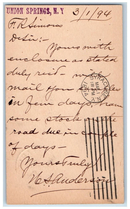 1894 Letter from Anderson Hogansport ND Union Springs NY Postal Card