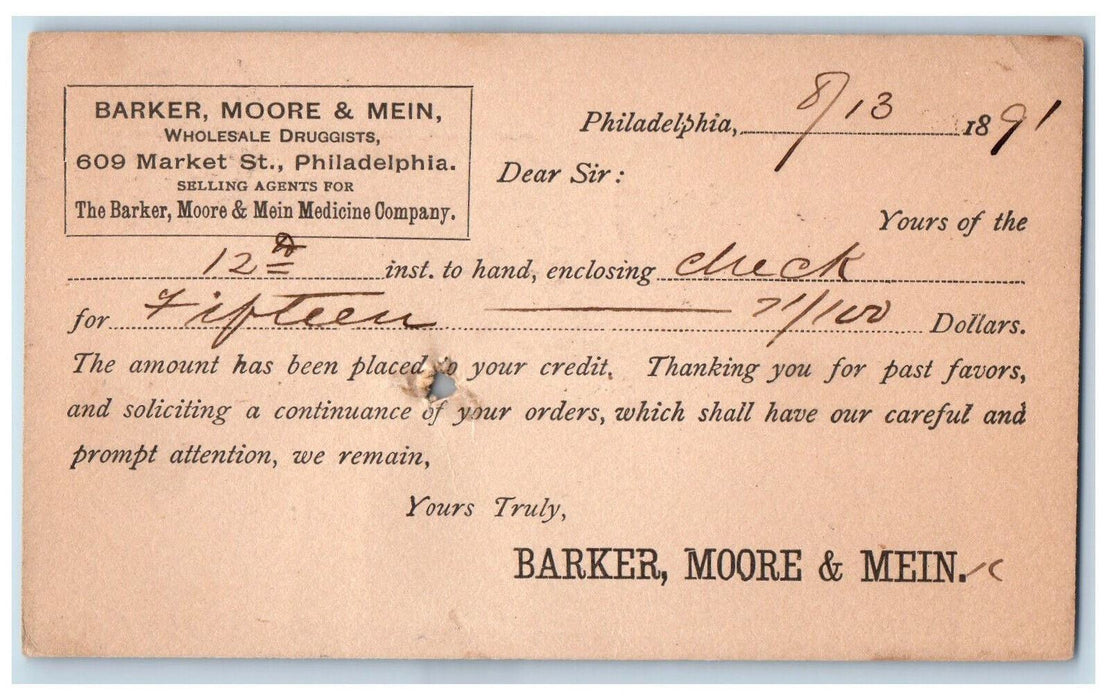1891 Barker Moore & Mein Druggists Philadelphia Pennsylvania PA Postal Card