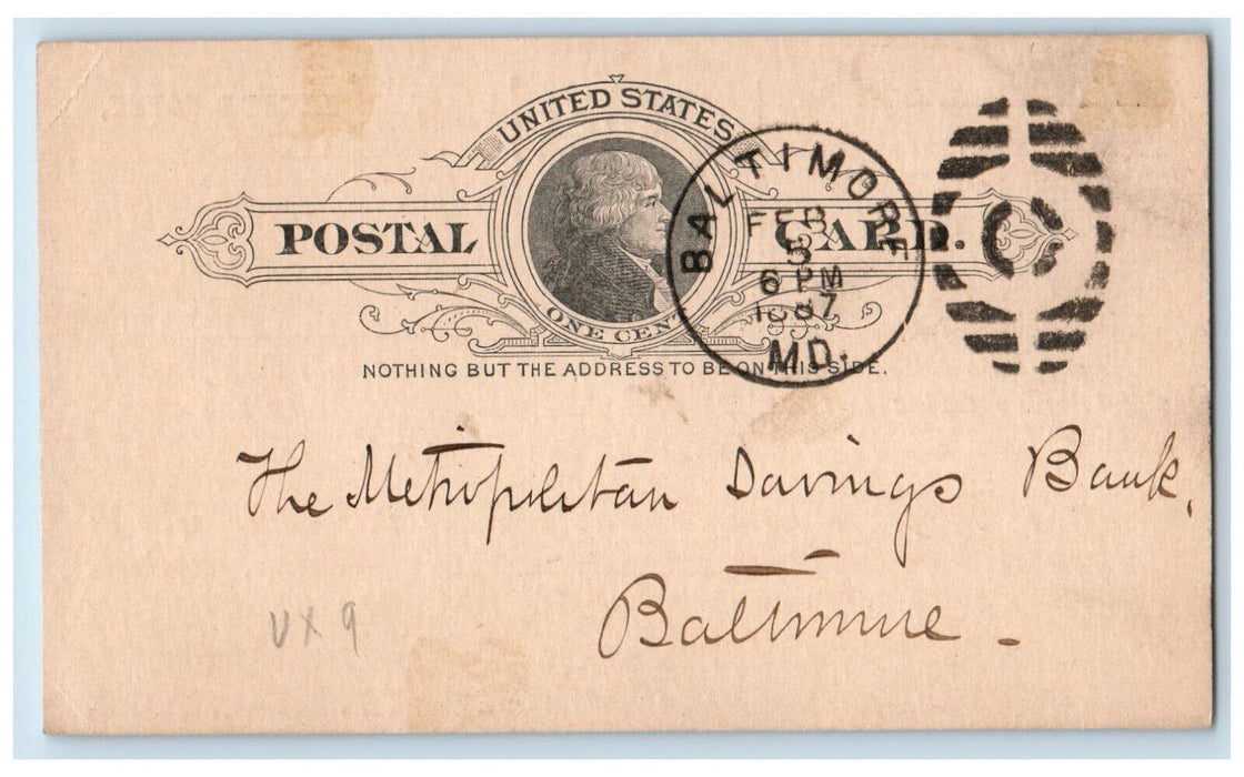 1887 Henry D Loney Attorney at Law Auditor Baltimore Maryland MD Postal Card