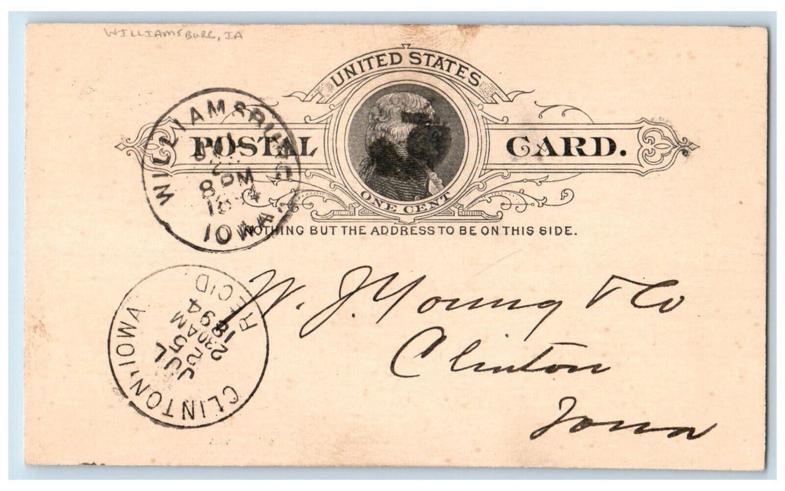 1894 Order of Lumber Williamsburg Iowa IA Clinton IA Antique Posted Postal Card