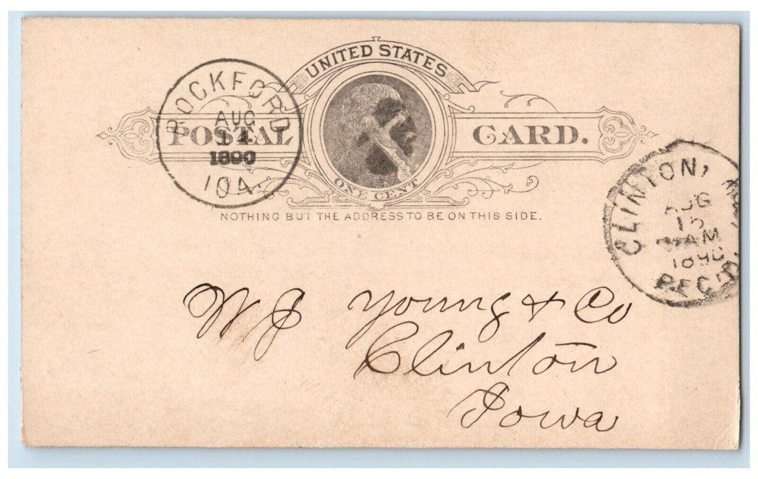 1890 WJ Young & Co Rockford Iowa IA Clinton IA Antique Posted Postal Card