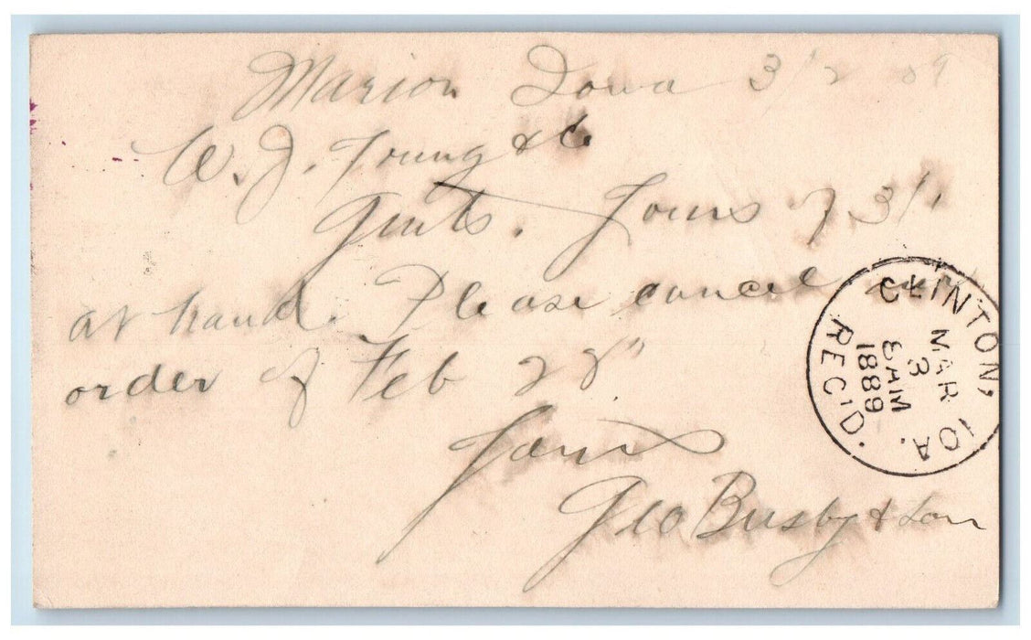 1889 Cancel Order Clinton IA Marion Iowa IA Cancel Antique Posted Postal Card