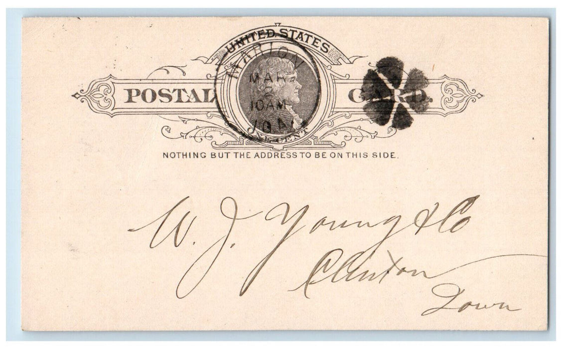 1889 Cancel Order Clinton IA Marion Iowa IA Cancel Antique Posted Postal Card