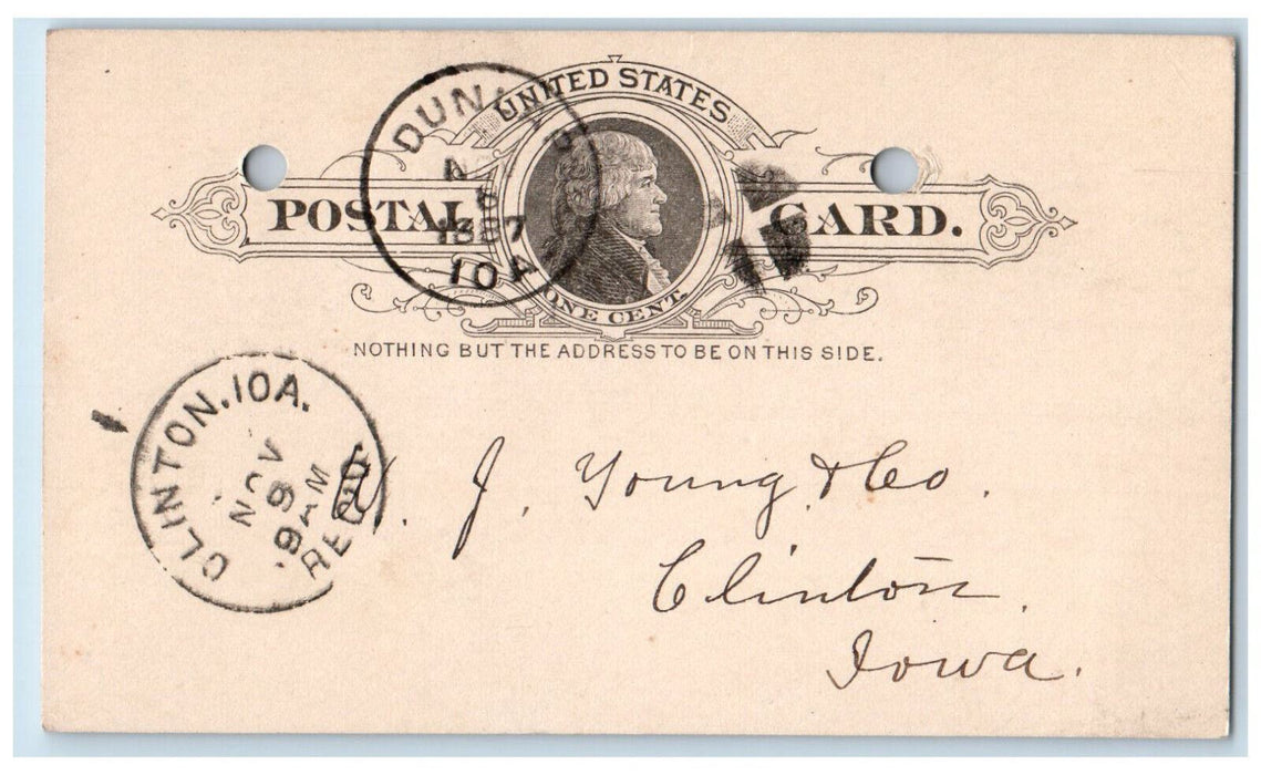 1887 WJ Young & Co. Car of Lumber Dunlap IA Clinton Iowa IA Postal Card