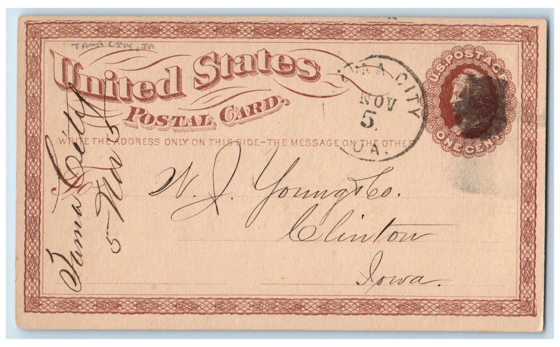 1875 Shingles Ceiling Mess. WJ Young & Co. Tama City IA Clinton IA Postal Card