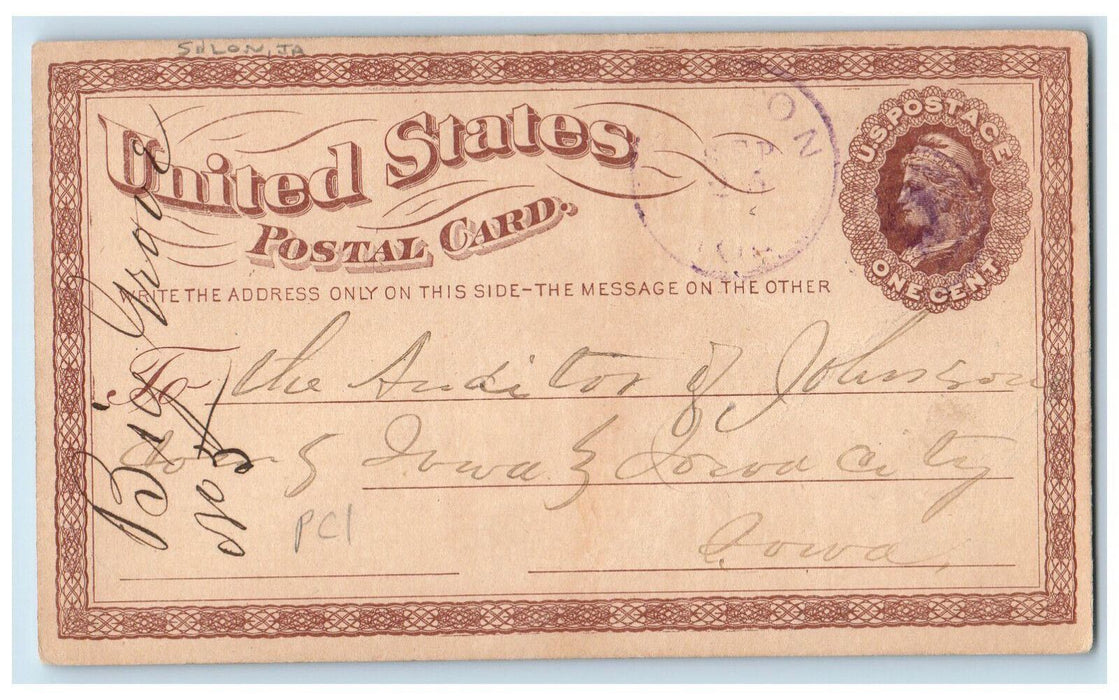 1875 Oak Grove Johnson State Solon IA Clinton IA Purple Cancel Postal Card